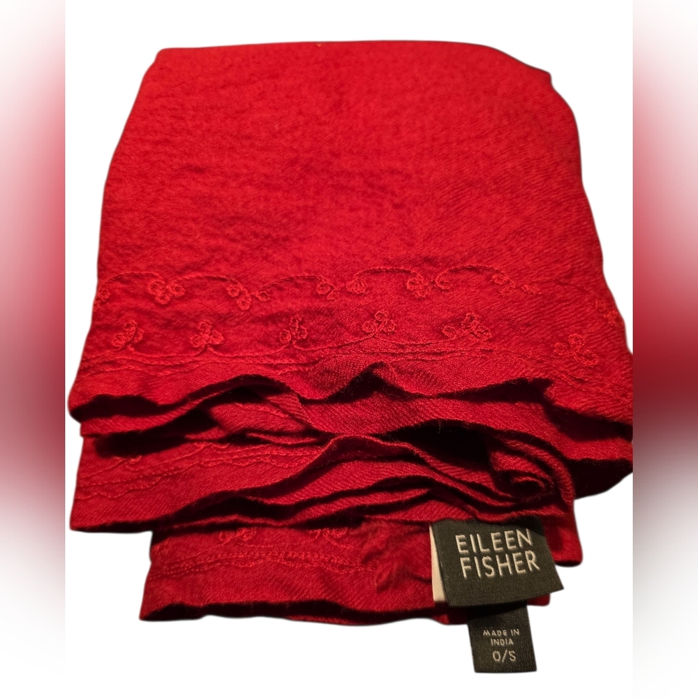 Eileen Fisher Red Embroidered Scarf Wool. 86" Long 16" Wide